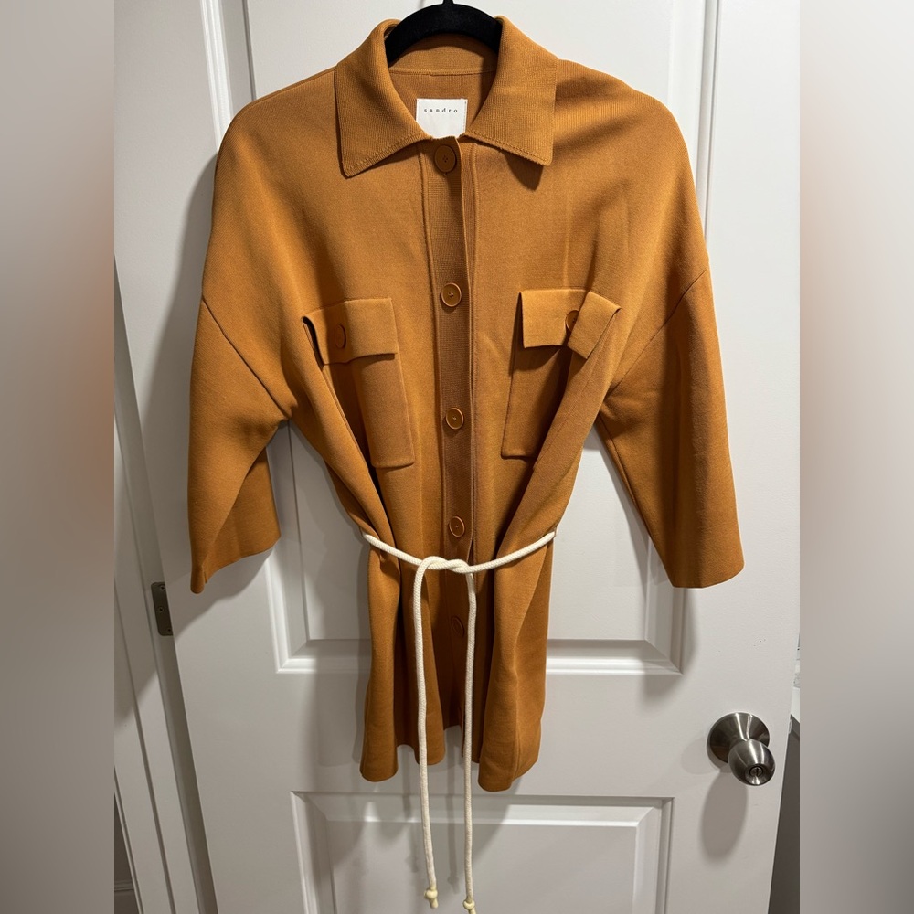Sandro Martine Belted Over-Shirt Style Cardigan In Ochre - Picture 7 of 14